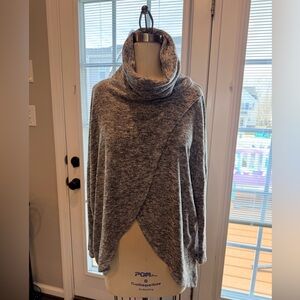 Gray Cowl Neck Asymmetrical Wrap Sweater Cozy Soft Knit Small